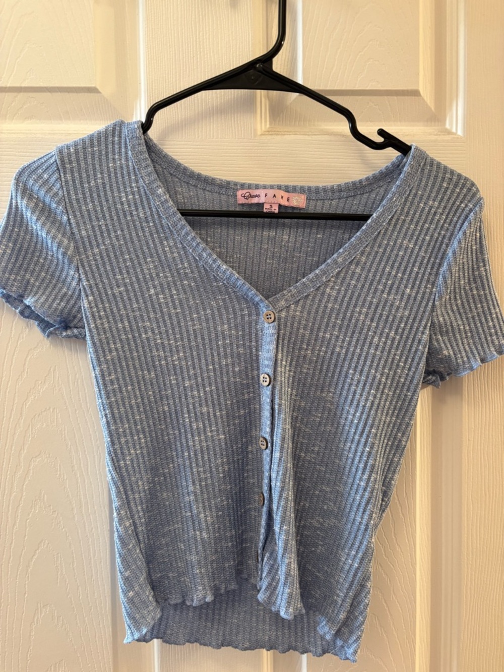 Crave Fame Light Blue Ribbed Button-Front V-Neck Top